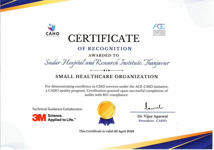CAHO ACE-CSSD certificate of recognition for sterilisation excellence