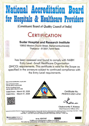 NABH Entry Level accreditation certificate — Sudar Hospital And Research Institute